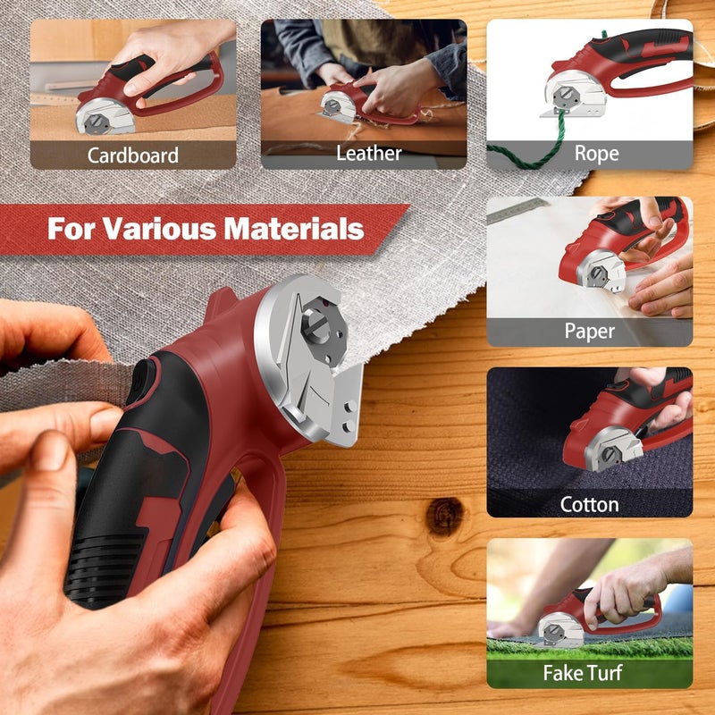 Pratuor Cordless Electric Scissors, 4V Box Cutter & Cardboard Cutter with 2 Titanium Blades - Rotary Cutter with LED Light for Fabric, Leather, Carpet, Plastic, Crafting + Storage Case (Red) - Image 2
